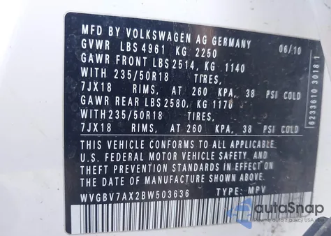 2011 Volkswagen Tiguan Se z USA, uszkodzony, nr VIN WVGBV7AX2BW503636